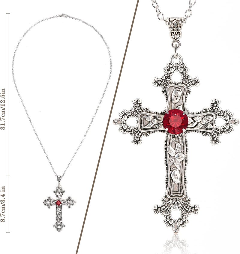 SHUS LIVE Gothic Cross Necklace Silver-Tone Pendant with Glass Stone, on 25” Steel Chain, Cross Necklace for Women, Large Goth Silver Cross Necklaces for Man, Big y2k Necklaces, Halloween Jewelry - Image 1